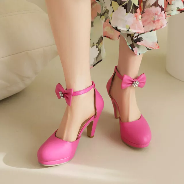 Womens Bowtie Mary Jane High Heel Closed Toe Ankle Strap Dress Pump Shoes Lolita