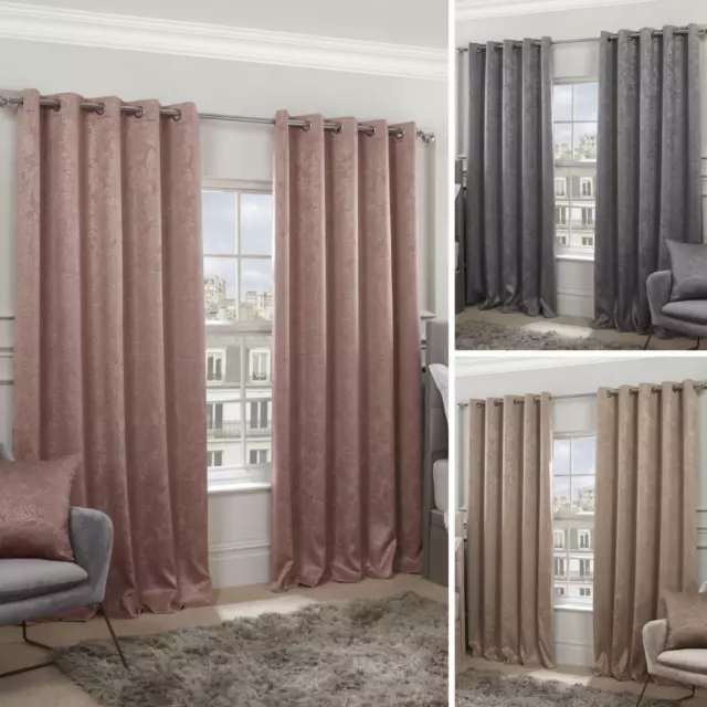 Blackout Eyelet Curtains Regency Damask Thermal Lined Ring Top Curtain Pairs