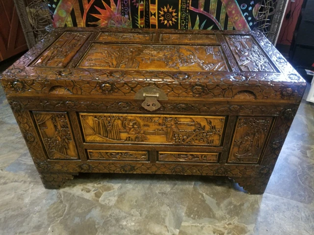 Chinese Deeply Carved Camphor Wood Trunk Chest W/ Flaws