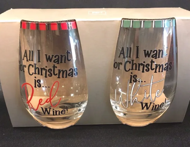 Pier 1 All I Want For Christmas Is Wine Stemless Wine Glasses Set of 2 IOB