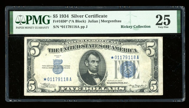 DBR 1934 $5 Silver STAR Fr. 1650* PMG 25 Serial *01179118A