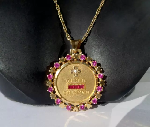 3Ct Lab Created Ruby & Diamond qu'hier que demain Pendant 14K Yellow Gold Finish