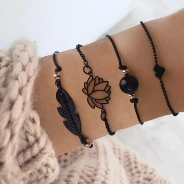 Gothic Black Bracelets - Feather Lotus Heart Charm Bangles Wrist Bracelet 4PCS