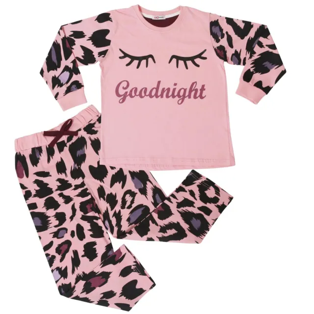Girls Goodnight Pyjamas Children Baby Pink PJs 2 Piece Leopard Kids Loungewear