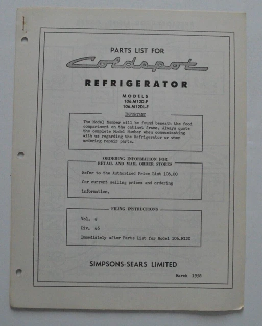 SIMPSONSSEARS COLDSPOT 1958 Parts list for Refrigerator models 106