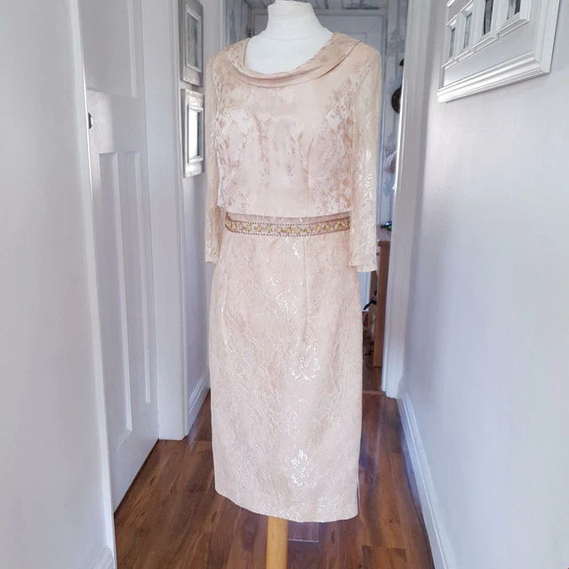 Abito Zeila Donna Madre Della Sposa Oro Pallido Crema Pizzo Occasione UK 10 EU 38