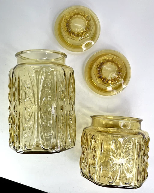 Imperial Glass Amber Gold Kitchen Canisters Jars Atterbury Scroll  9" & 6.5"