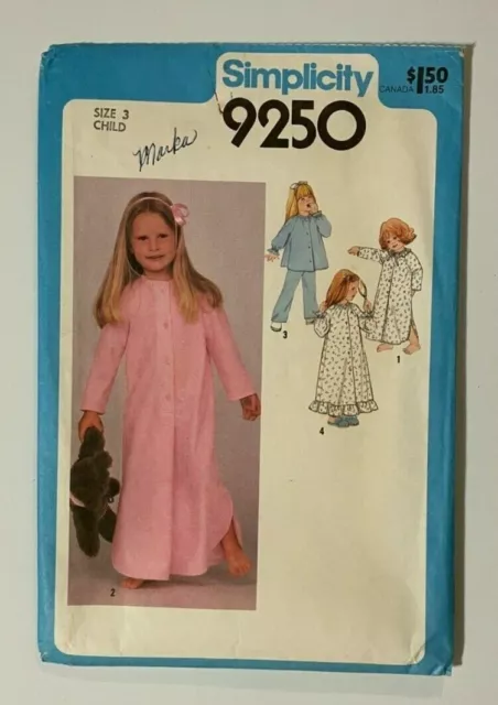 Simplicity #9250 Child Size 3 Girls Nightgown Pajamas And Robe Pattern Complete