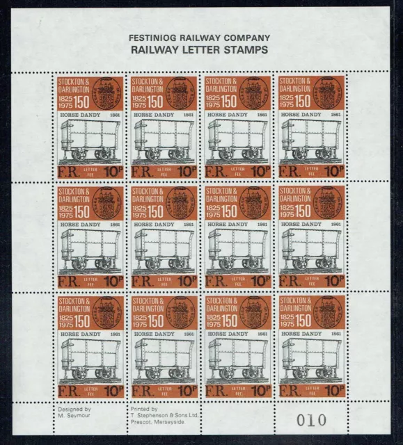 Festiniog Railway 1975 10p S & D Railway letter stamps complete sheet UM