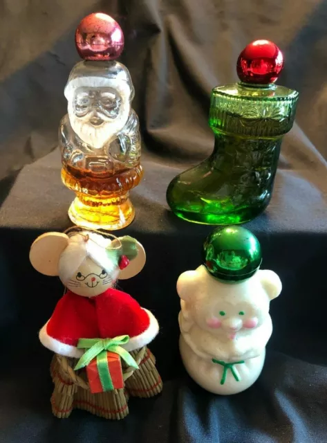 3 vintage Avon collectible Christmas fragrance bottles plus cute tree ornament