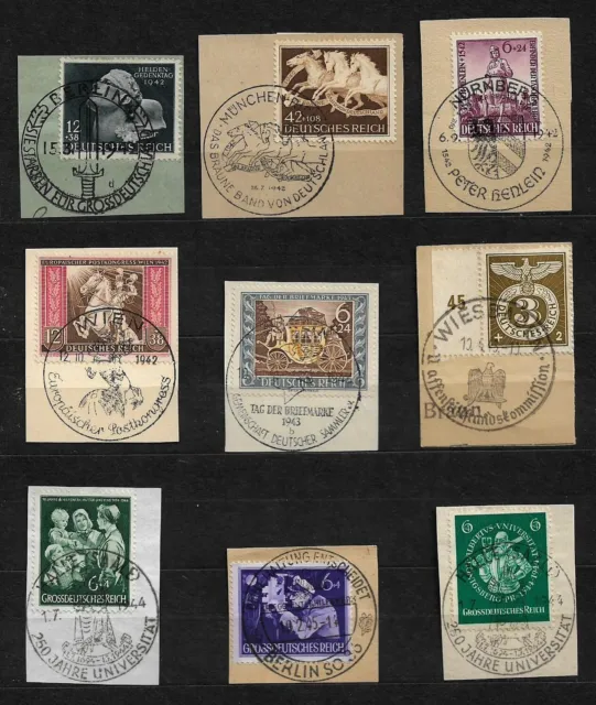 DR 9 Briefmarken 1942-1945 auf Briefstücke + 3 gratis!