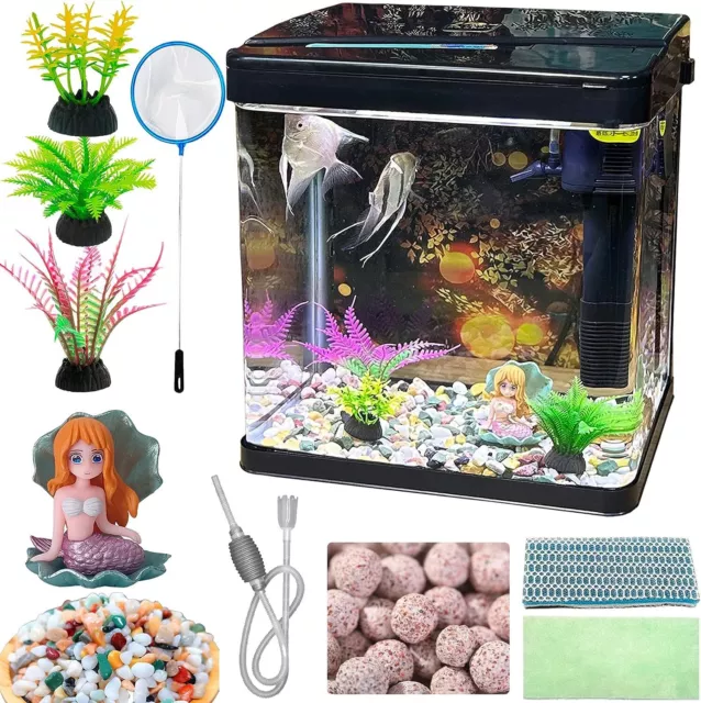 Aquarium Betta Fish Tank Glass Pump Net LED Light Plants Ornament Stone 2.3 Gal
