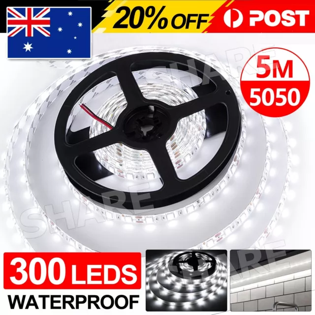 5m LED Strip Lights 12V Waterproof 5050 SMD Cool White 300 LEDs 60led/m Daylight