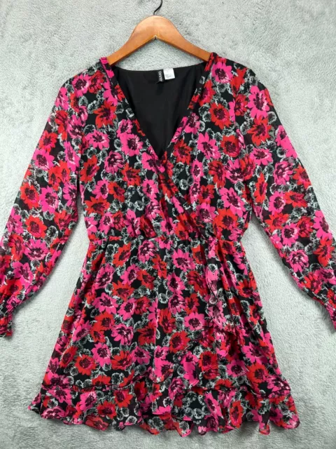 Divided HM Womens Dresses Medium Boho Black Pink Floral Long Sleeve Faux Wrap