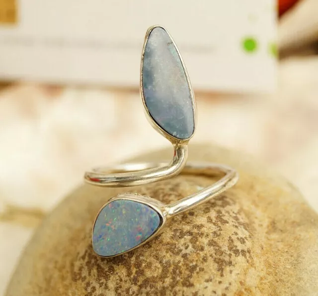 925er Silbering Offen 59 - 67 Feueropal Boulder-Opal Ring Silber Multicolor Blau