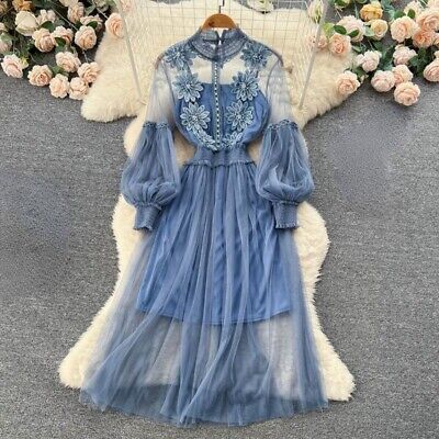 Women Elegant Lace Sheer Dress Puff Sleeve Mesh Flower Fairy Ruffle Midi Dress