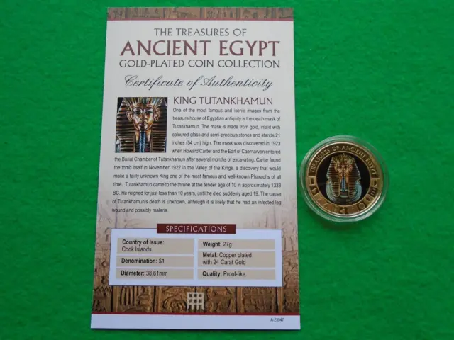 2013 Islas Cook $1 moneda tesoros del antiguo Egipto rey Tutankamón enchapada en G