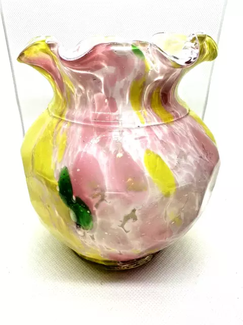 Vintage Spatter Ware Pink and Yellow Art Glass Ruffled Edge Vase