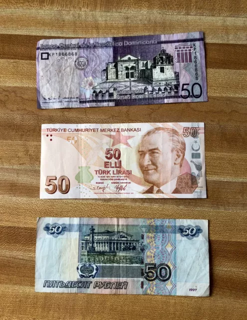 Dominican Republic 50 Pesos 50 Russian Ruble 50 Turkish Liras Banknote Money