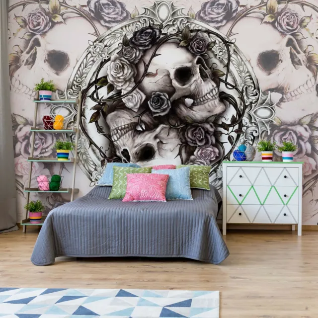 Photo Wallpaper Wall Mural Fleece Easy-Install Paper Gothic Skull Alchemy Roses
