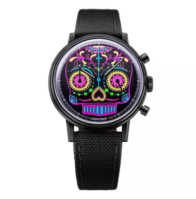 Undone Calavera Chronographe Hybride Quartz Mécanique Acier Noir Montre Unisexe