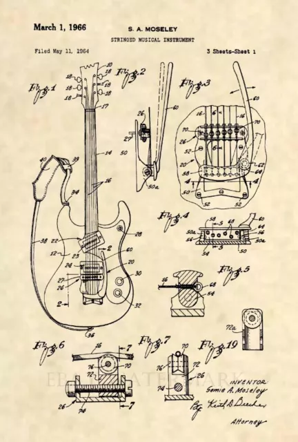 Official Mosrite Mark 1 Guitar Patent Art Print- Vintage Semie Moseley Bass -465