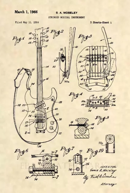 Official Mosrite Mark 1 Guitar Patent Art Print- Vintage Semie Moseley Bass -465 Official Mosrite Mark 1 Guitar Patent Art Print- Vintage Semie Moseley Bass -465