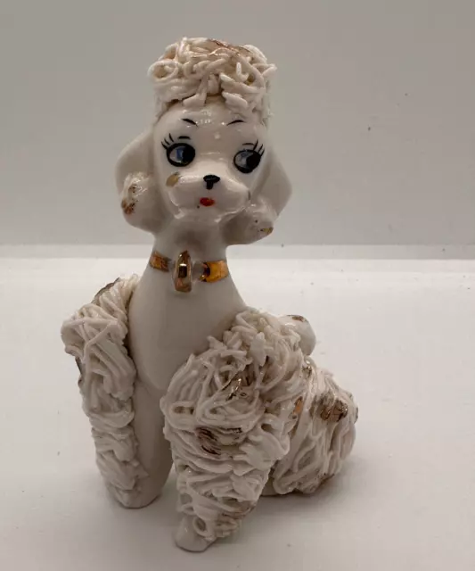 Vtg Retro Mid-Century Porcelain White Spaghetti Poodle Figurine Gold Trim