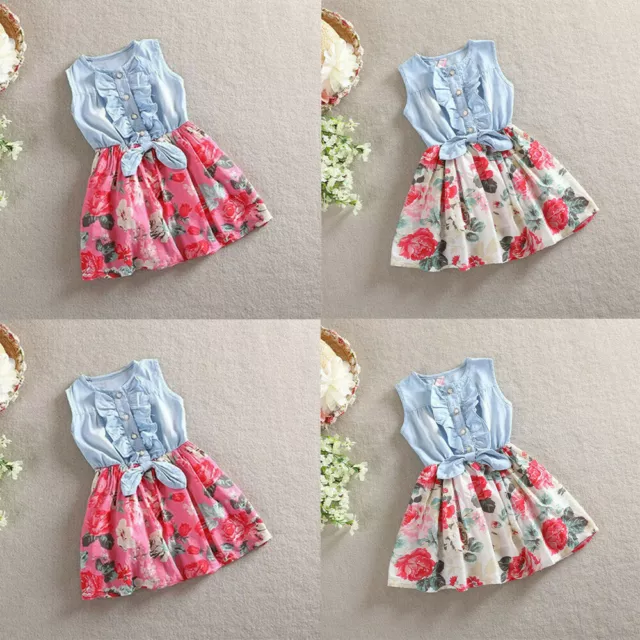 Toddler Kids Baby Girls Denim Bowknot Print Sleeveless Princess Party Dress Girl