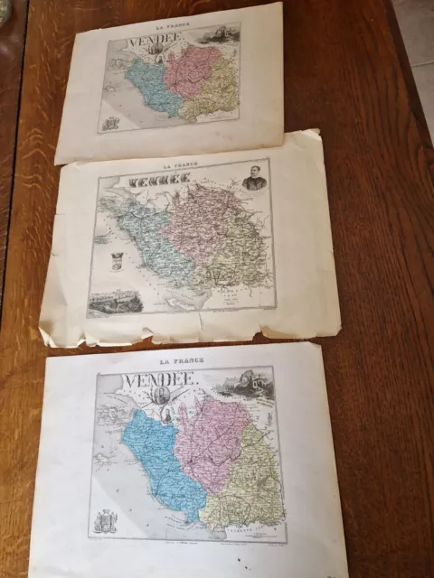 lot d e 3 cartes anciennes VUILLEMIN MIGEON LA Vendée gravures atlas 1889