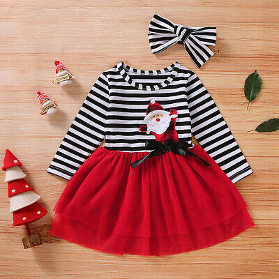 Toddler Baby Girls Christmas Santa Striped Print Tulle Dress Headband Outfit Set