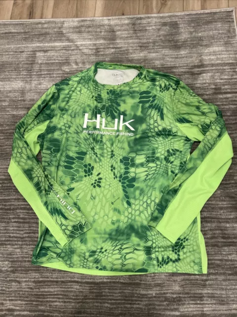 Camisa para hombre Huk Performance Fishing manga larga verde brillante geométrica talla XL