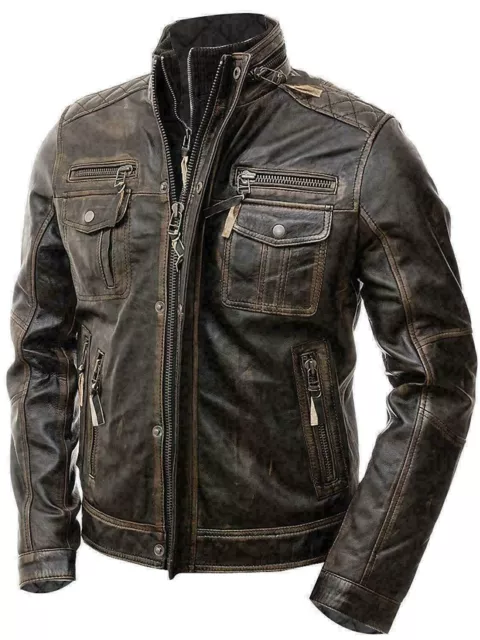 Men's Vintage Cafe Racer Motorcycle Brown Biker Distressed Real Leather Jacket