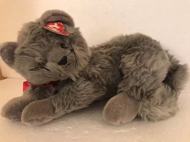 Ty Beanie Babies Beani The Grey Cat Red Ribbon Bow Soft Plush Toy 13” & Tag