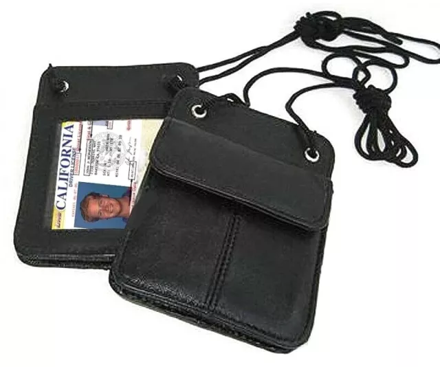 Black Genuine Leather ID Card Badge Holder Neck Strap Pouch Passport Card Wallet