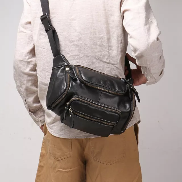 Vintage Men leather Sling Bag Multi-function Crossbody large capacity Waist bag