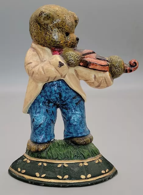 Cast Iron Door Stop Painted Anthropomorphic Bear Playing Violin 7" x 4.5"