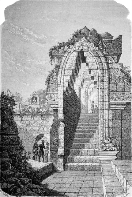 INDONÉSIE (JAVA) - PORTIQUE du TEMPLE BOUDDHISTE de BOROBUDUR - Gravure du 19e s