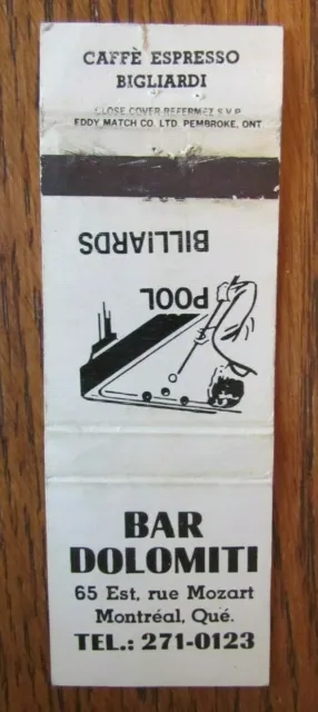 Pool Hall Matchbook Cover: Bar Dolomiti (Montreal, Quebec) Empty Matchcover -D19