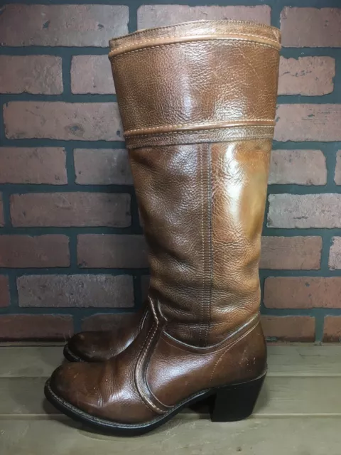 FRYE Jane Stitch Tall Brown Leather Boots 77231 E Size 9 B Hippie Boho Chic
