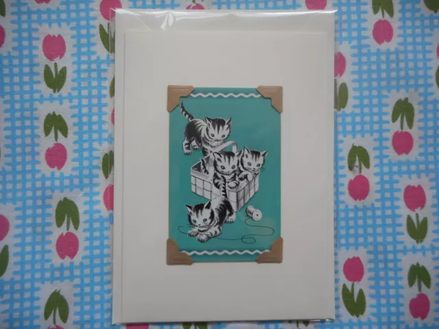 Handmade vintage/kitsch playing card blank greeting/birthday card - cats/kittens