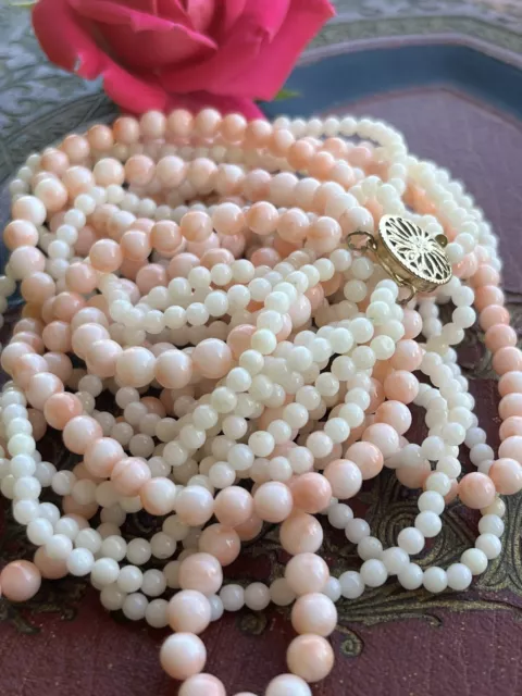 VTG 14/20 Gold Natural Pink white Angel Skin Coral 8Strand bead Necklace 16” 70g