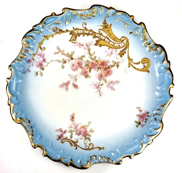 PHL LIMOGES FRANCE Blue Background Gold Gilt Hand Painted Roses
