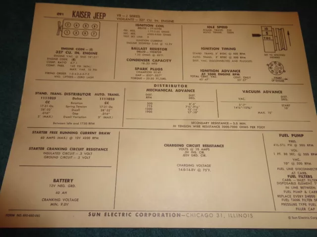 1966 Kaiser Jeep 327 V-8 Engine Sun Tune-Up Chart / J-Series / Useful Item!