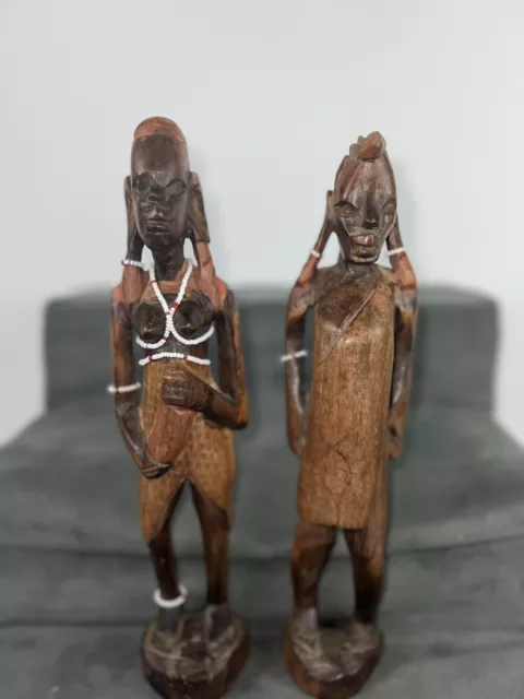 African Pair Hand Carved Wooden Wood Tribal Art Vintage Figures Sculpture