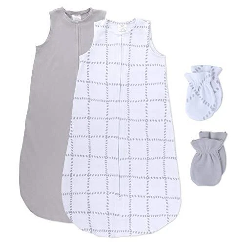 Petit Dreams Grey Grid Lines & Solid Grey Baby Wearable Blanket and Mittens S...