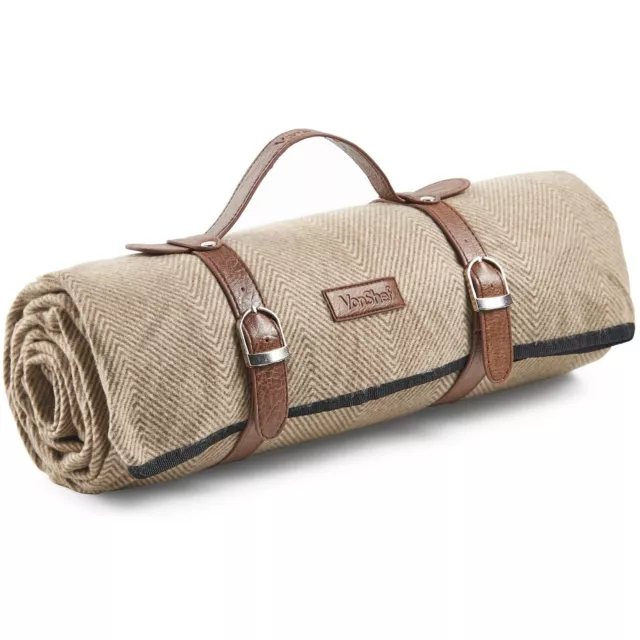 Picnic Blanket, 4 Person Large Beige Herringbone Picnic Rug Travel Mat - VonShef