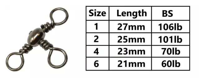 3 Way Barrel Swivels Sea Shore Boat Pier Fishing Rig - Sizes 1 , 2, 4 , 6