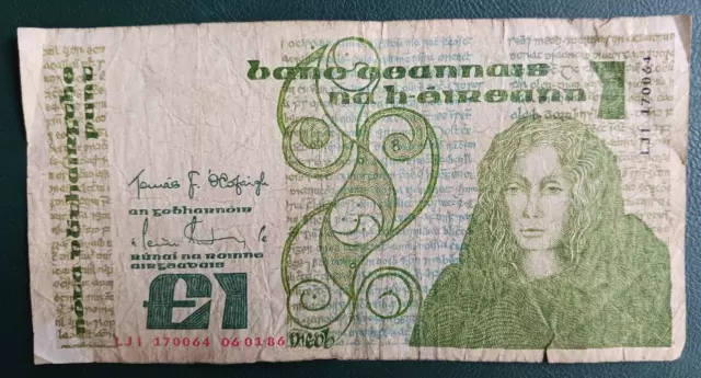Central Bank of Ireland One Pound Note (One Punt) Pre-Euro 1986