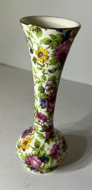 Vintage Royal Winton Grimwades Summertime Chintz 5" Bud Vase Cream Background